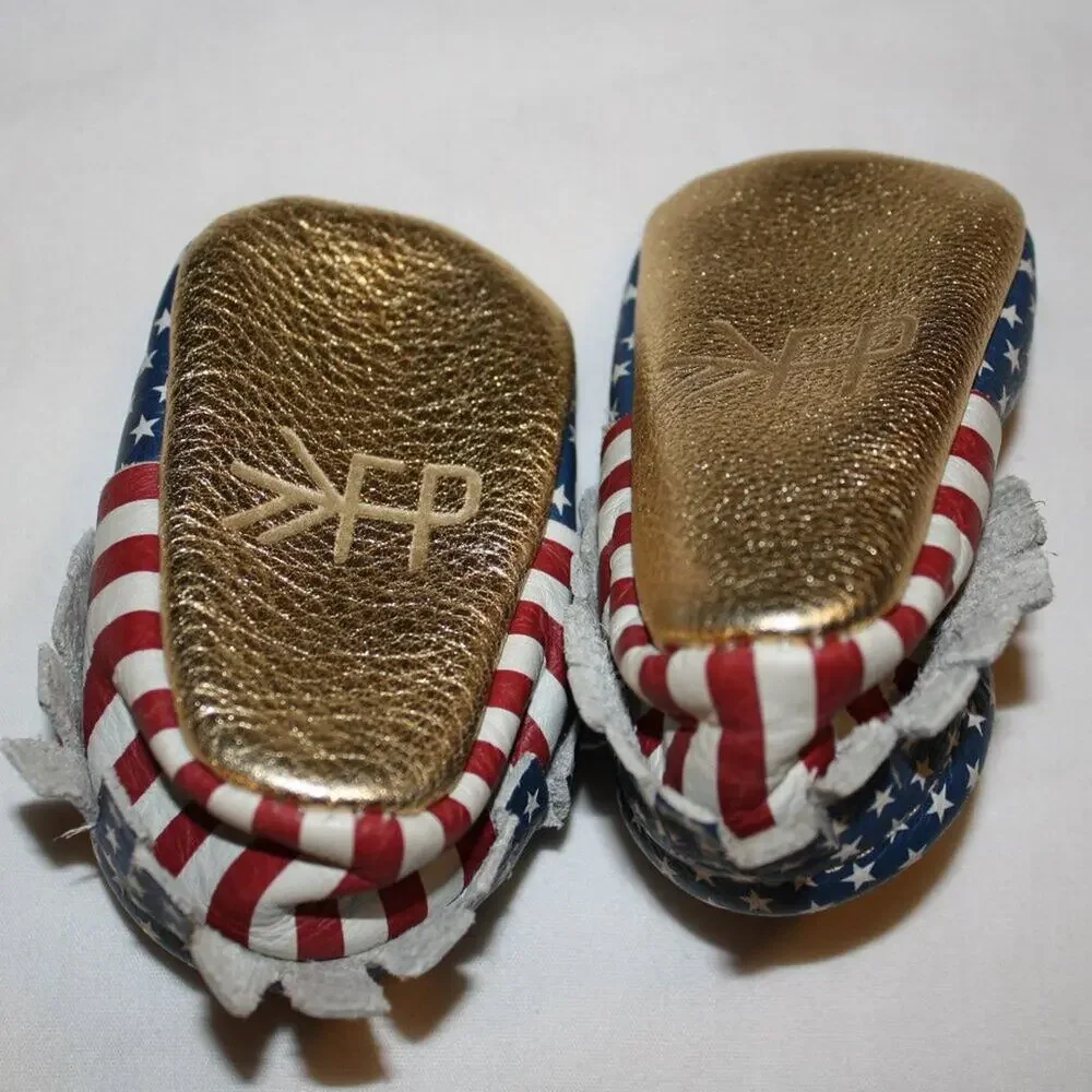 Freshly Picked Leather Moccasin Blue Star Spangled Crib Shoes Baby Girl Size 1